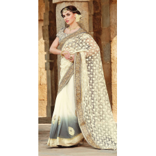 Fantastic Cream Colored Embroidered Georgette Net Saree